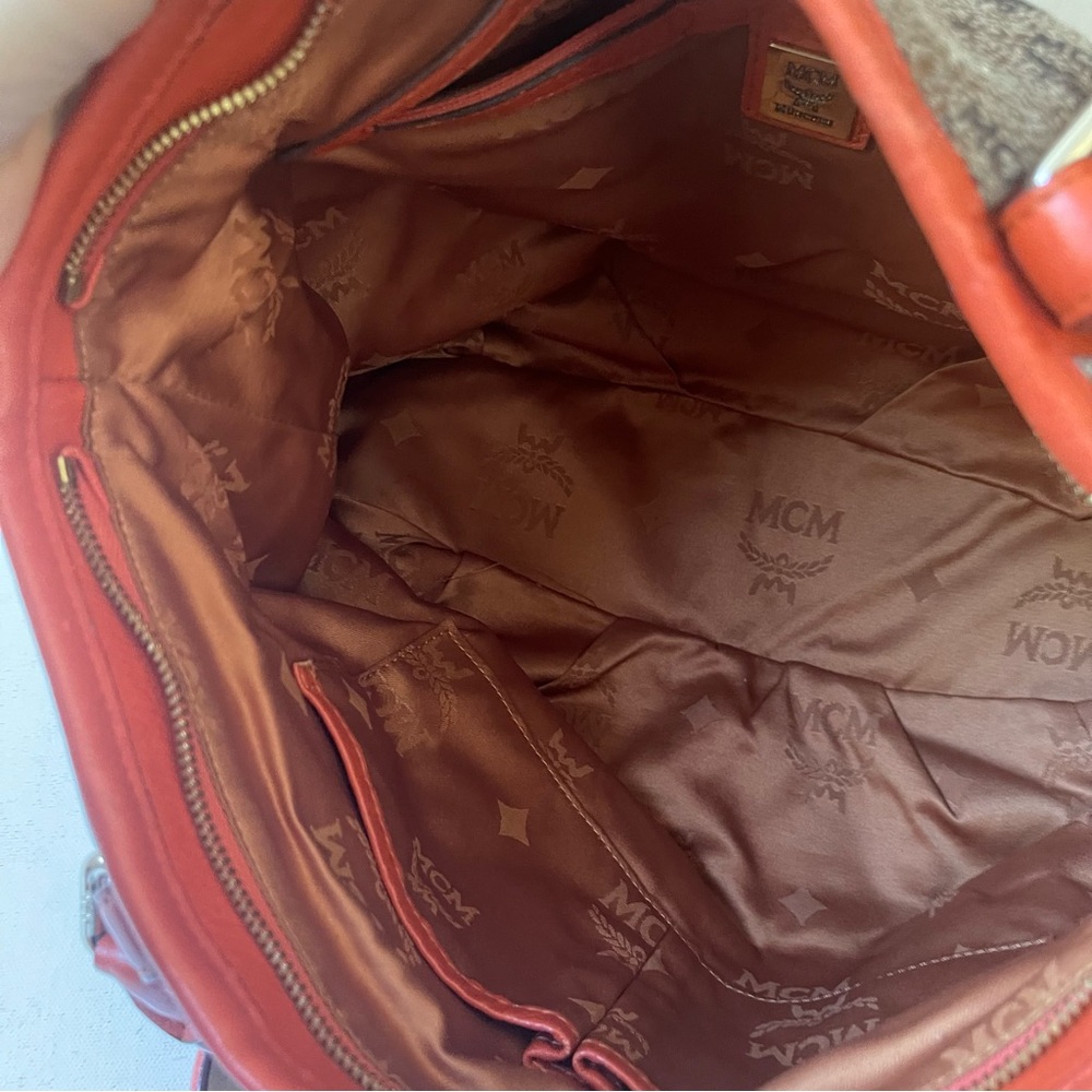 MCM Visetos Monogram Canvas Leather Orange Large Tote Bag Crossbody Zip Top - Picture 4 of 6